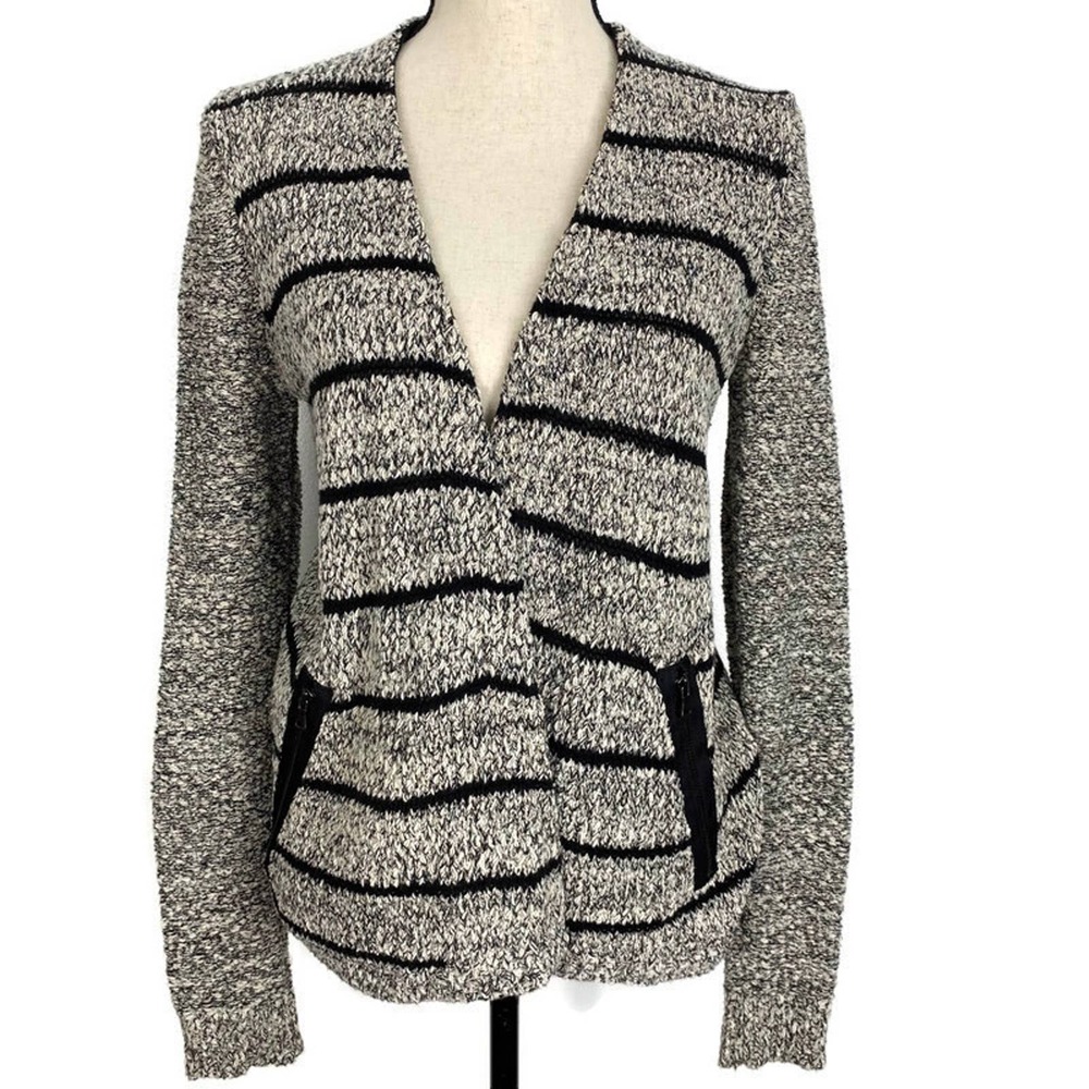 Lou & Grey Cardigan Sweater Marled Knit Striped Open Pockets Womens Sz Small